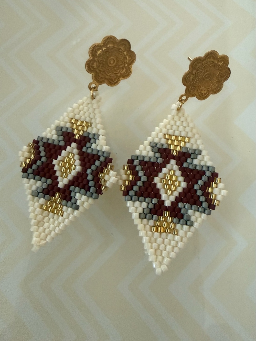 Handmade Beaded Diamond Drop Earrings - White, Burgundy & Gold